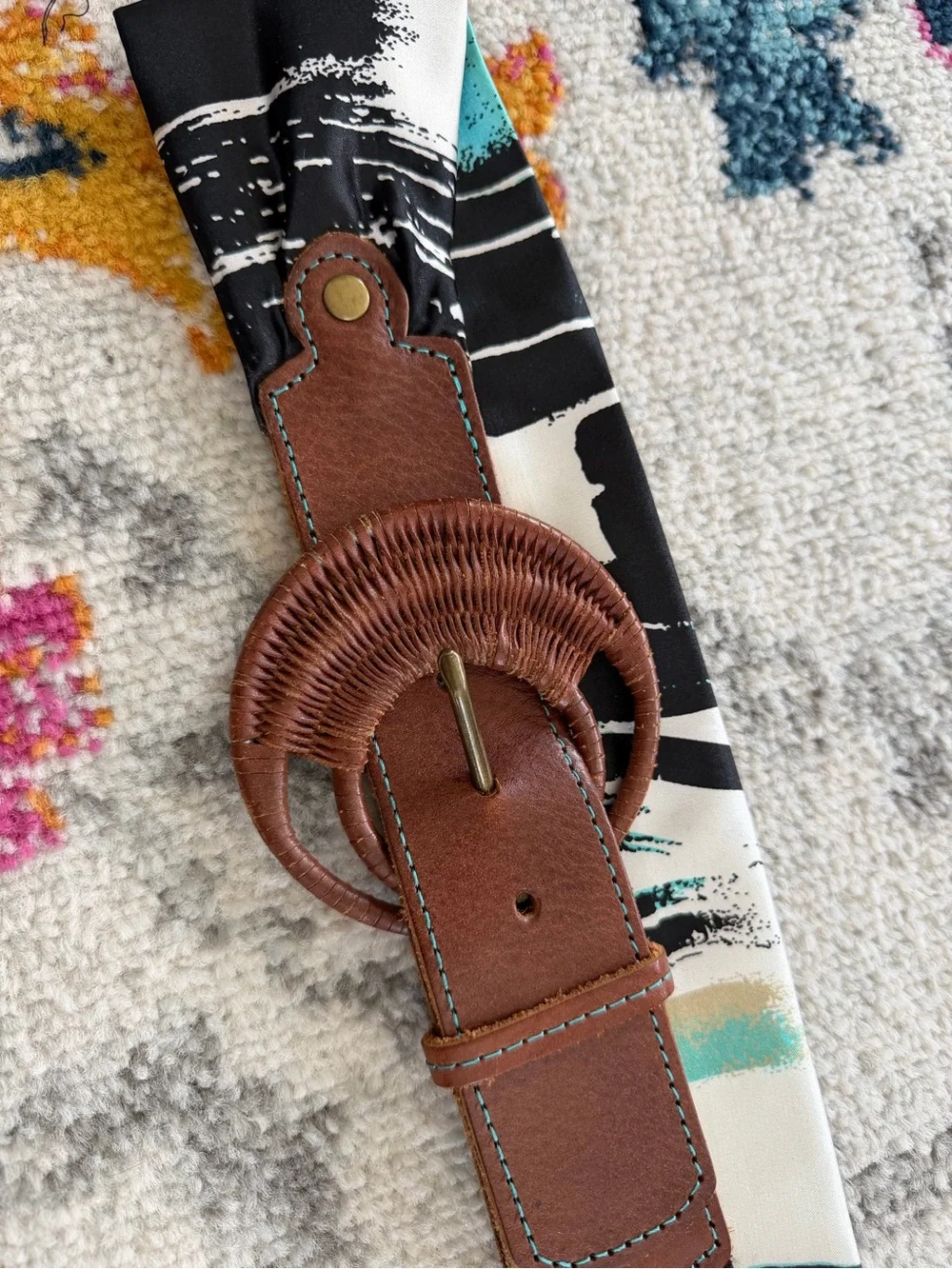 Anthropologie Fluidity Brown Leather and Abstract Fabric Blue Patterned Belt